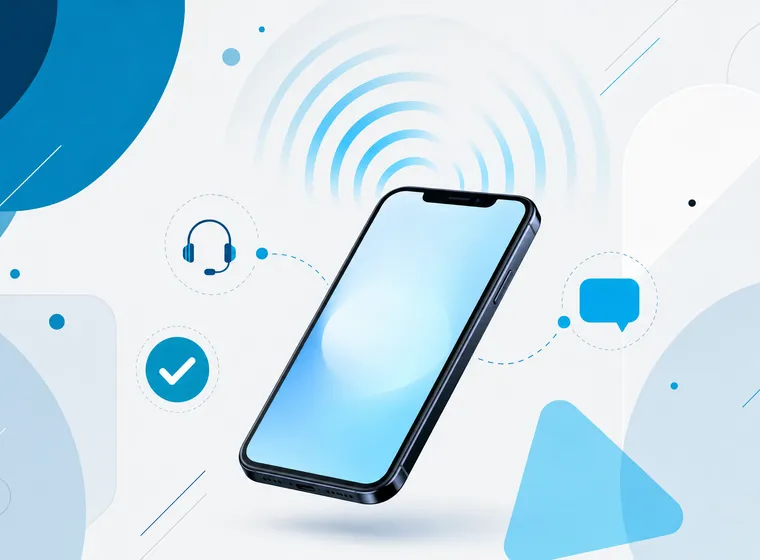 Smartphone and AI phone answering visuals with headset, message icon, and confirmation badge