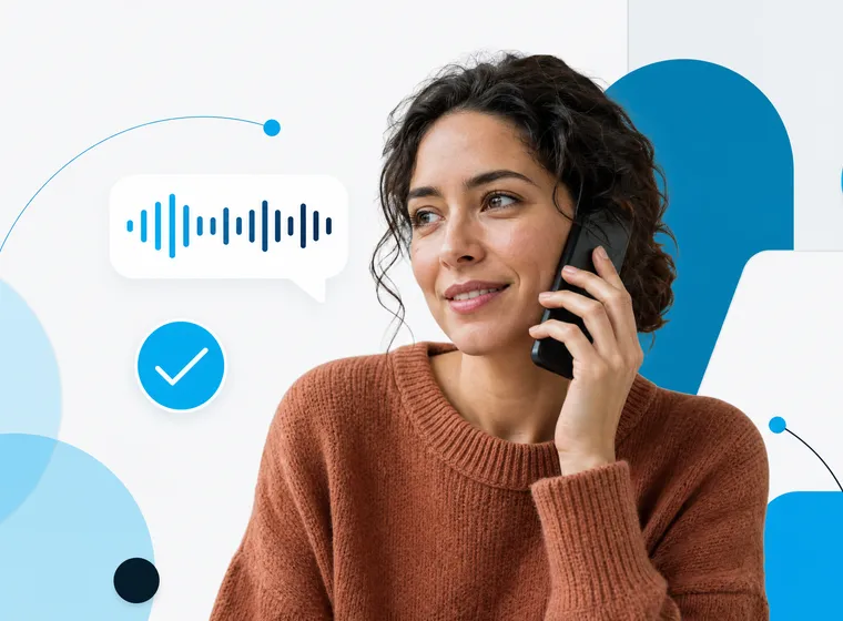 Small business owner on a phone call with AI receptionist visuals, waveform, and confirmation icon