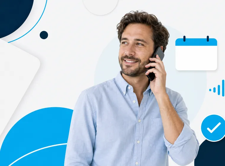 Professional on a phone call with scheduling visuals including a calendar, waveform, and confirmation icon