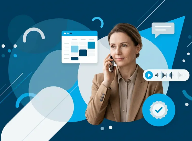 Business professional on a phone call with calendar, voice waveform, and appointment confirmation visuals