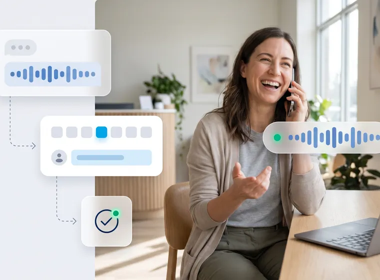 Professional on a phone call with AI calling workflow overlays and booking confirmation