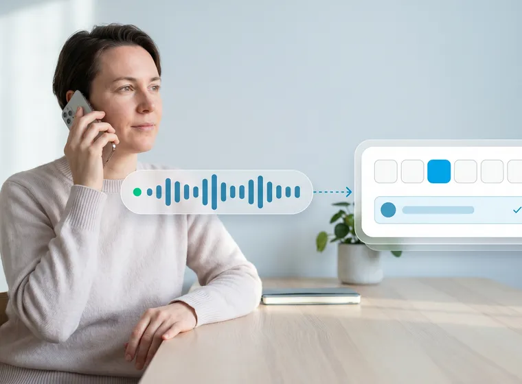 Professional taking a phone call with an AI scheduling interface overlay