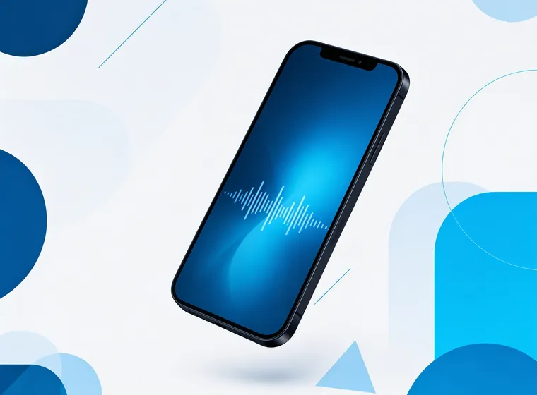 Smartphone with AI voice waveform on a clean blue and white background
